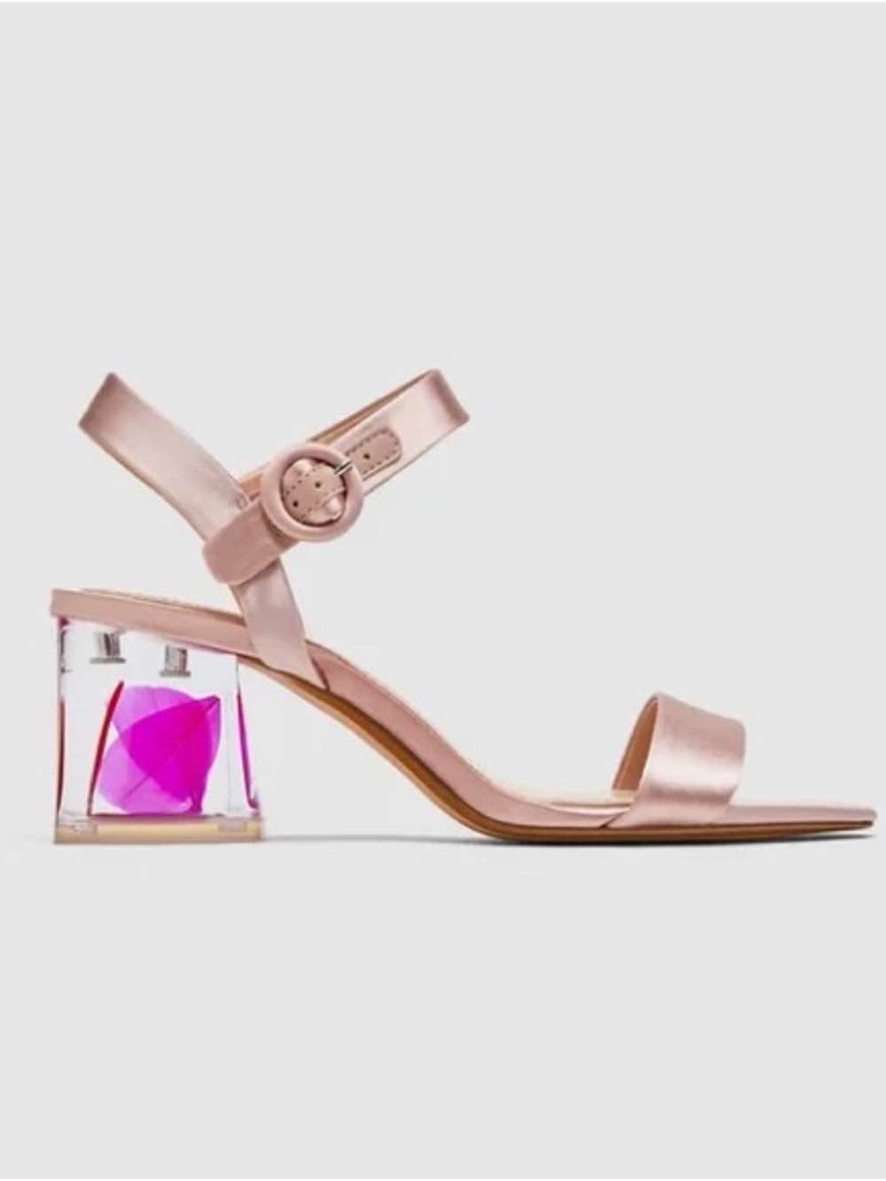 Zara Pink Satin Feather Sandal with Decorative Clear Block Heel - Size 10